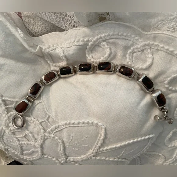 VINTAGE .950 SILVER MAHOGANY OBSIDIAN 9 LINK BRACELET, TOGGLE CLASP 36 GRAMS - Picture 14 of 16
